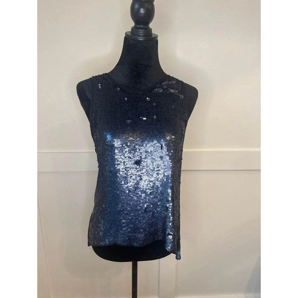 Parker Black Sequin Sleeveless V Neck Wrap Back Tank Top Womens XS Sparkle Glam - Picture 2 of 6
